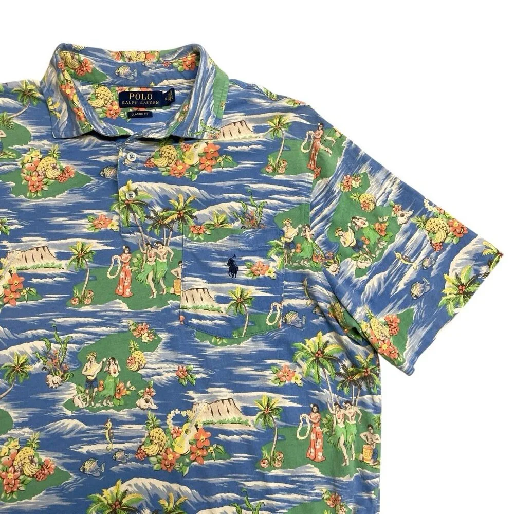 POLO RALPH LAUREN SHIRT HAWAIIAN HULA GIRL ALL OVER PRINT MENS M COTTON POLO